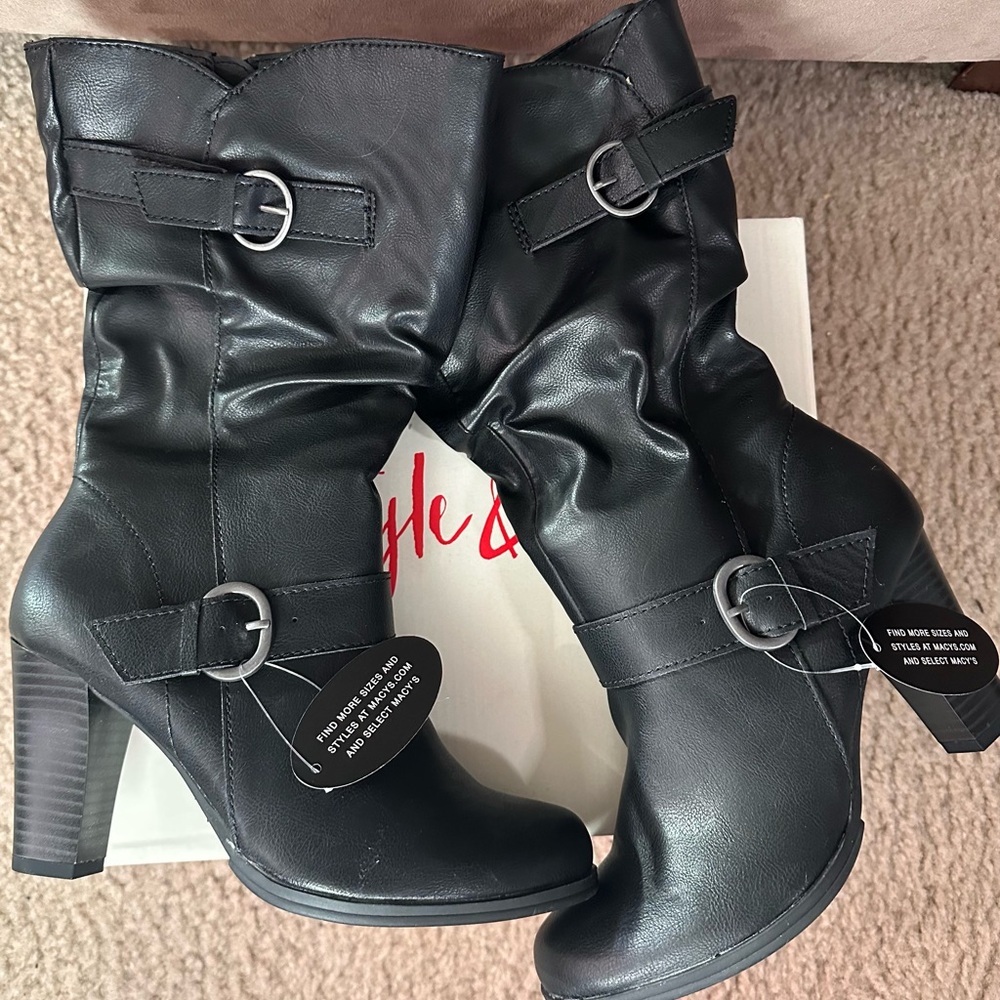 Style & Co. Black Mid-Calf Buckle Heeled Boots
